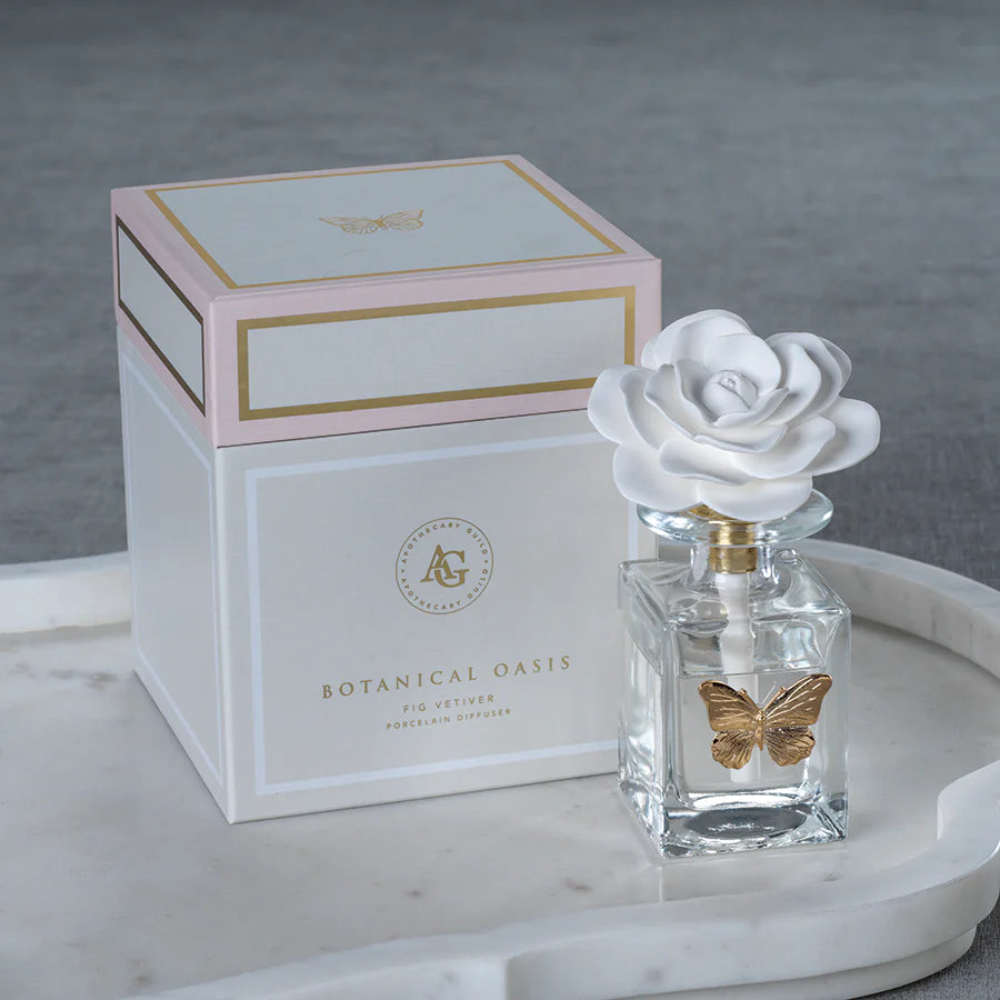 Apothecary Black Fig Vetiver Fragrance Botanical Oasis Porcelain Diffuser with Gold Butterfly (Set of 4)