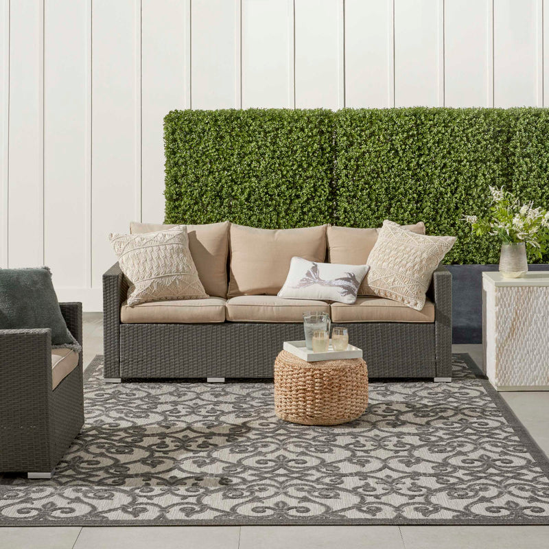 Annitra Indoor/Outdoor Grey Charcoal Vines Design Area Rug - Elegance Collection