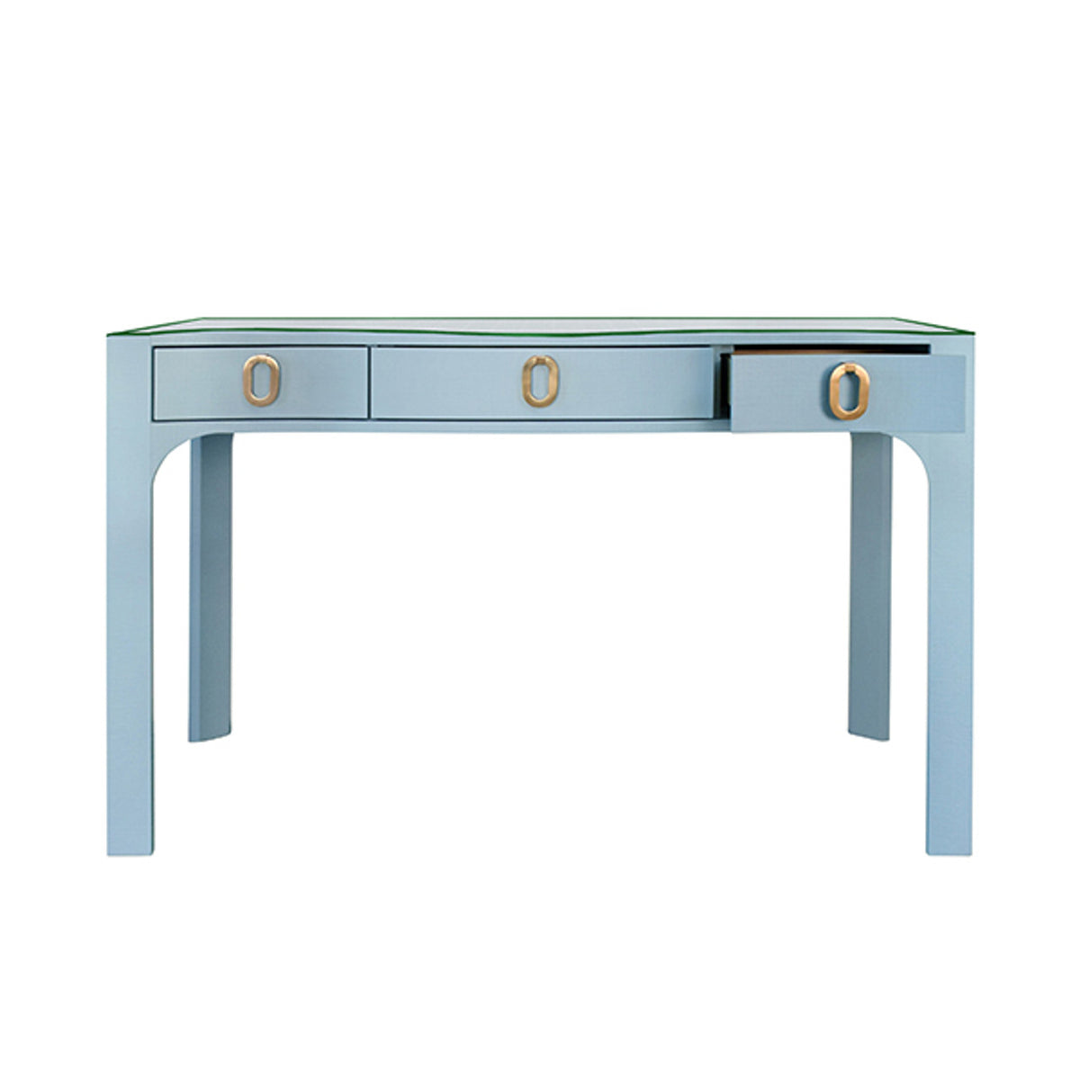 Amellia Light Blue Linen Glass Top Desk with Gold Accents