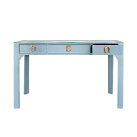 Amellia Light Blue Linen Glass Top Desk with Gold Accents