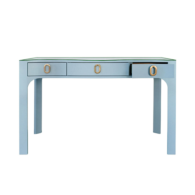 Amellia Light Blue Linen Glass Top Desk with Gold Accents