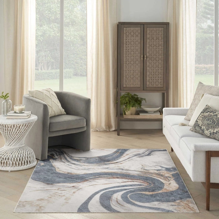 Pheobe Abstract Ivory & Blue Washable Area Rug
