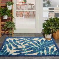 Annitra Indoor/Outdoor Natural Blue Swirling Vines Design Area Rug - Elegance Collection