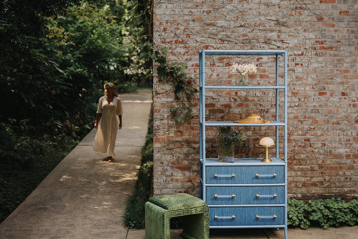 Fiona Light Blue Grasscloth & Gold Etagere