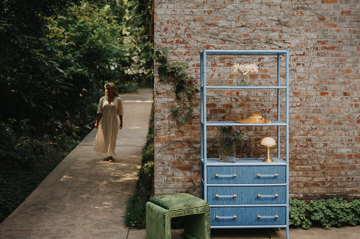 Fiona Light Blue Grasscloth & Gold Etagere