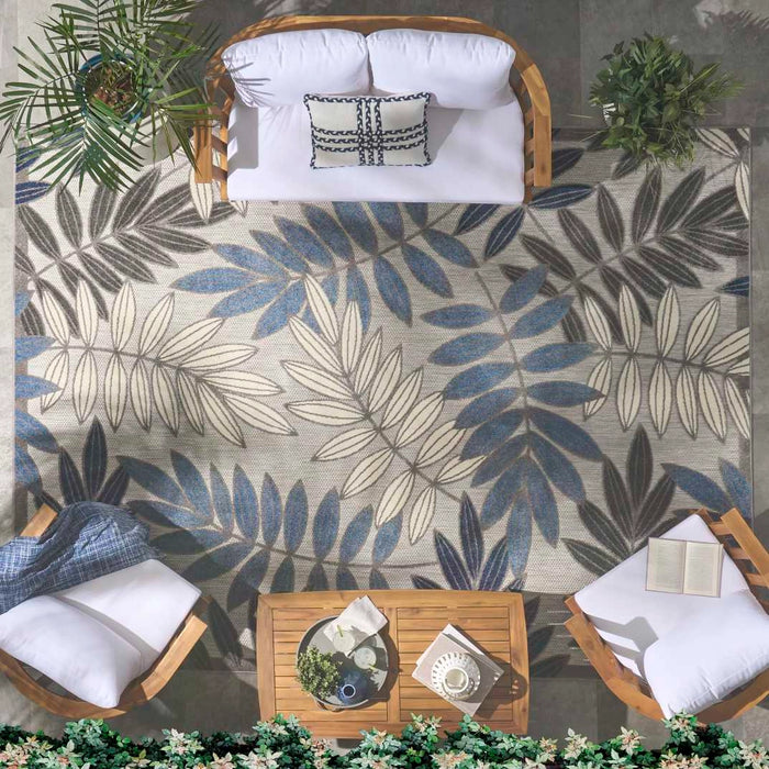 Annitra Indoor/Outdoor Grey & Blue Leaf Area Rug - Elegance Collection