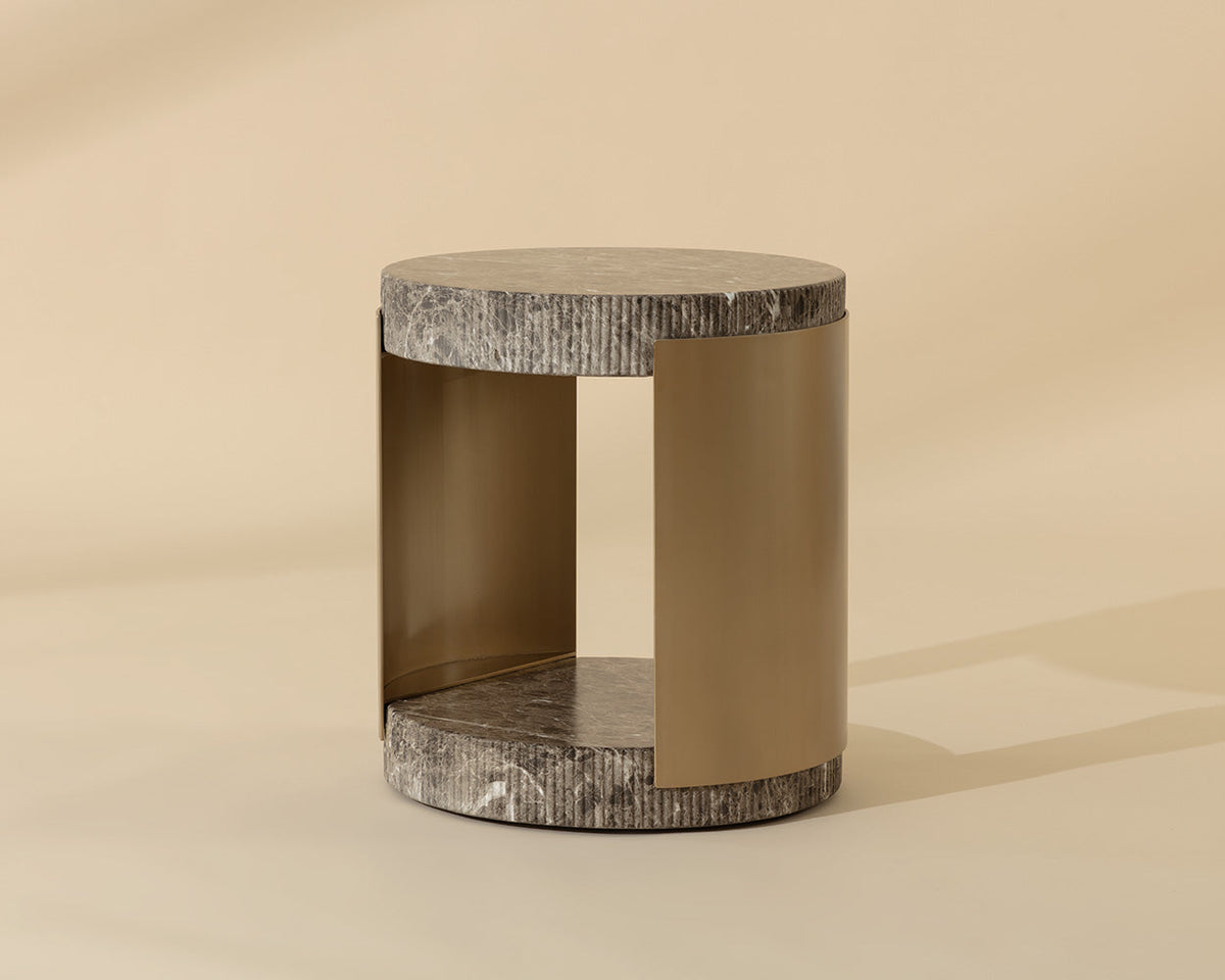 Cavette Dark Emperador Faux Marble & Brass End Table- Indoor/Outdoor