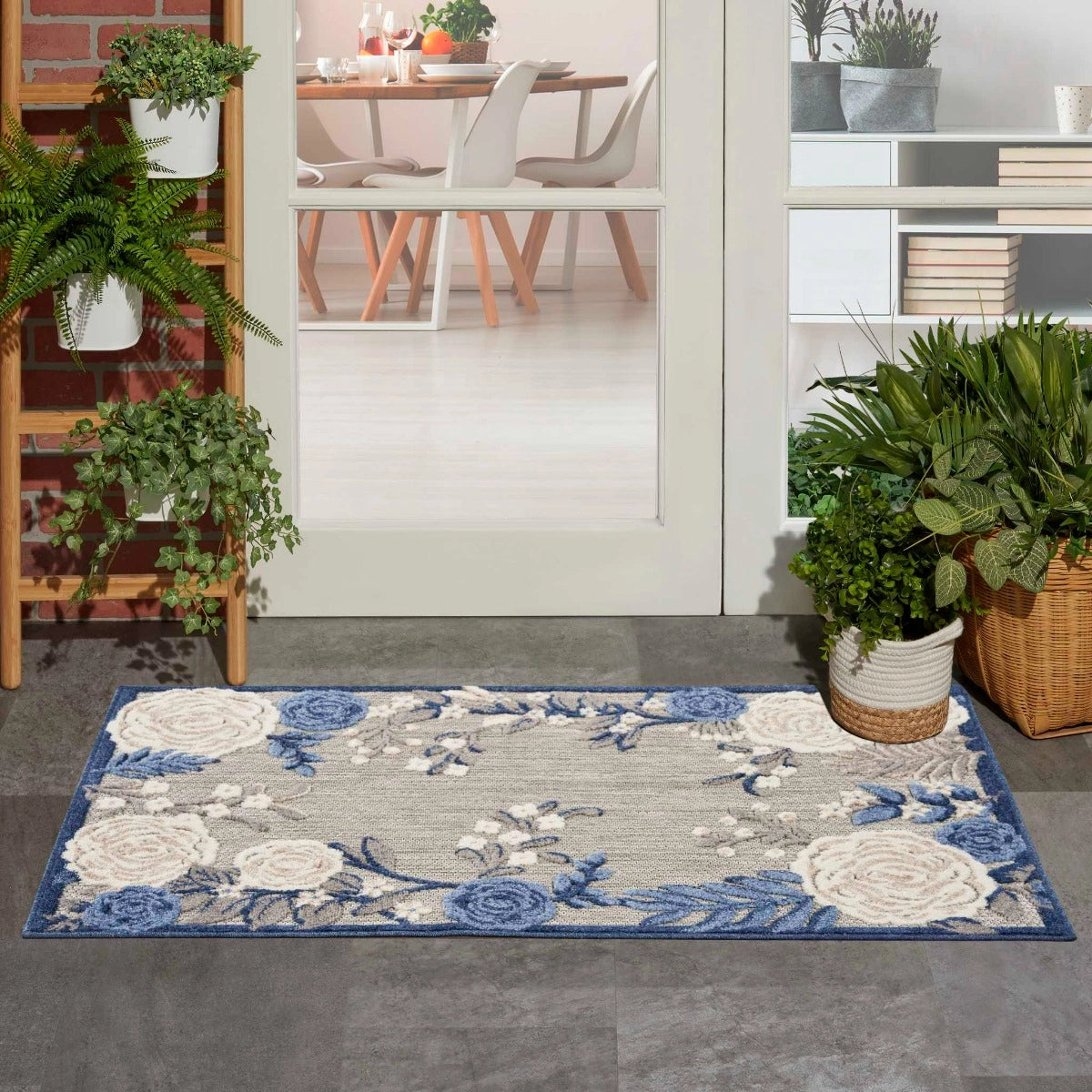 Annitra Indoor/Outdoor Blue & Grey Garden Area Rug - Elegance Collection