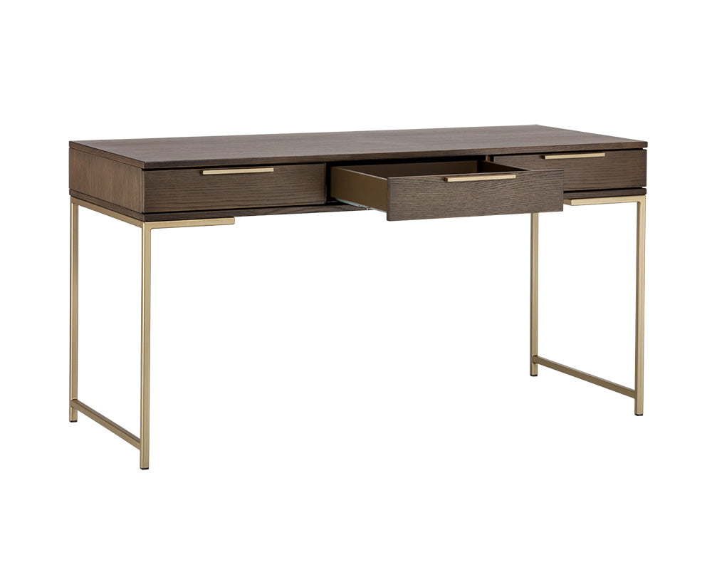 Rebel 59.25" Modern Brown Oak & Gold Desk