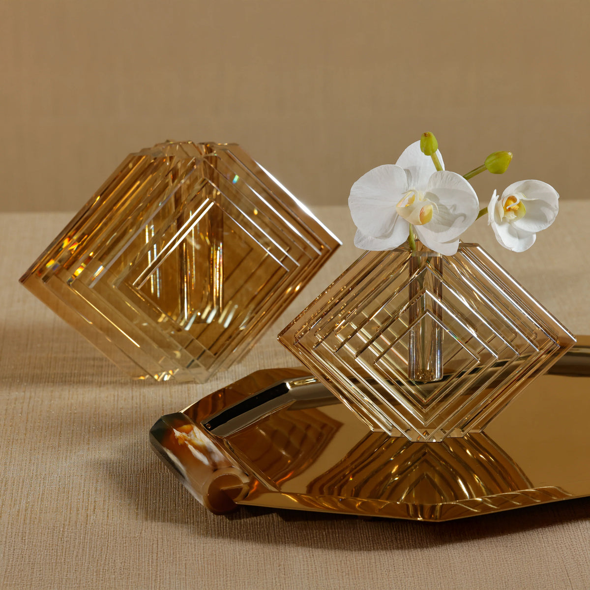Brianna Amber Diamond Motif Crustal Glass Vase - (2 Sizes Available) Set of 2