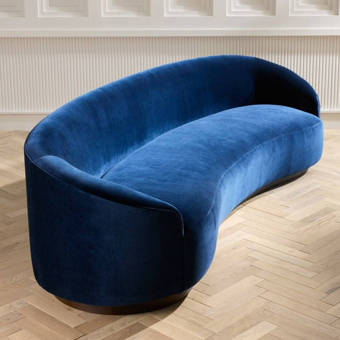 Emilee 109" Blue Velvet with Dark Walnut Curved Sofa