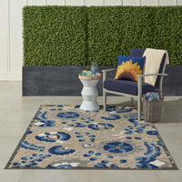 Annitra Indoor/Outdoor Natural Blue Swirling Vines Design Area Rug - Elegance Collection