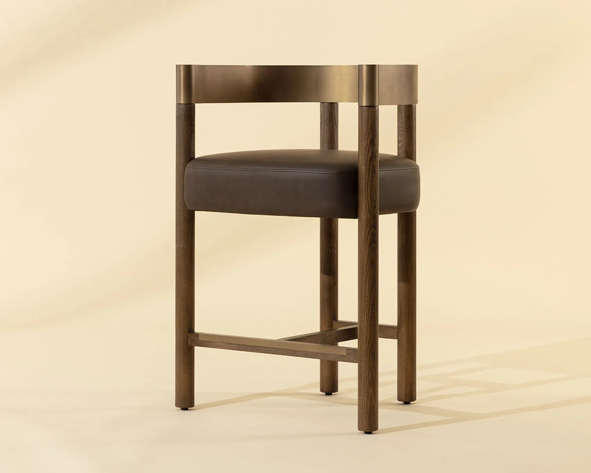 Manolo Espresso Faux Leather, Chocolate Ash & Antique Brass Counter Stool