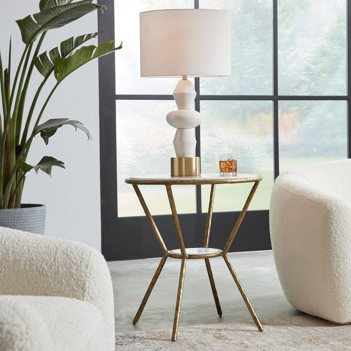 Belva 23" White Marble & Antique Gold Accent Table