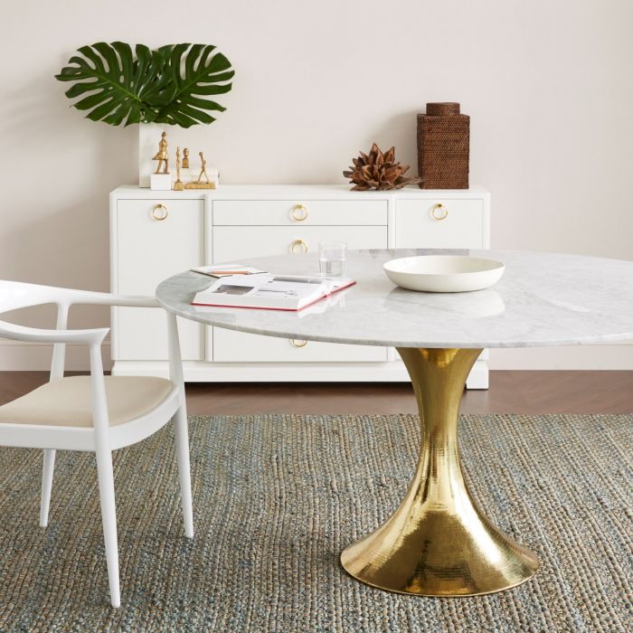 Ruthie 52" Carrara Round Dining Table/Entry Table, Brass With Marble Top