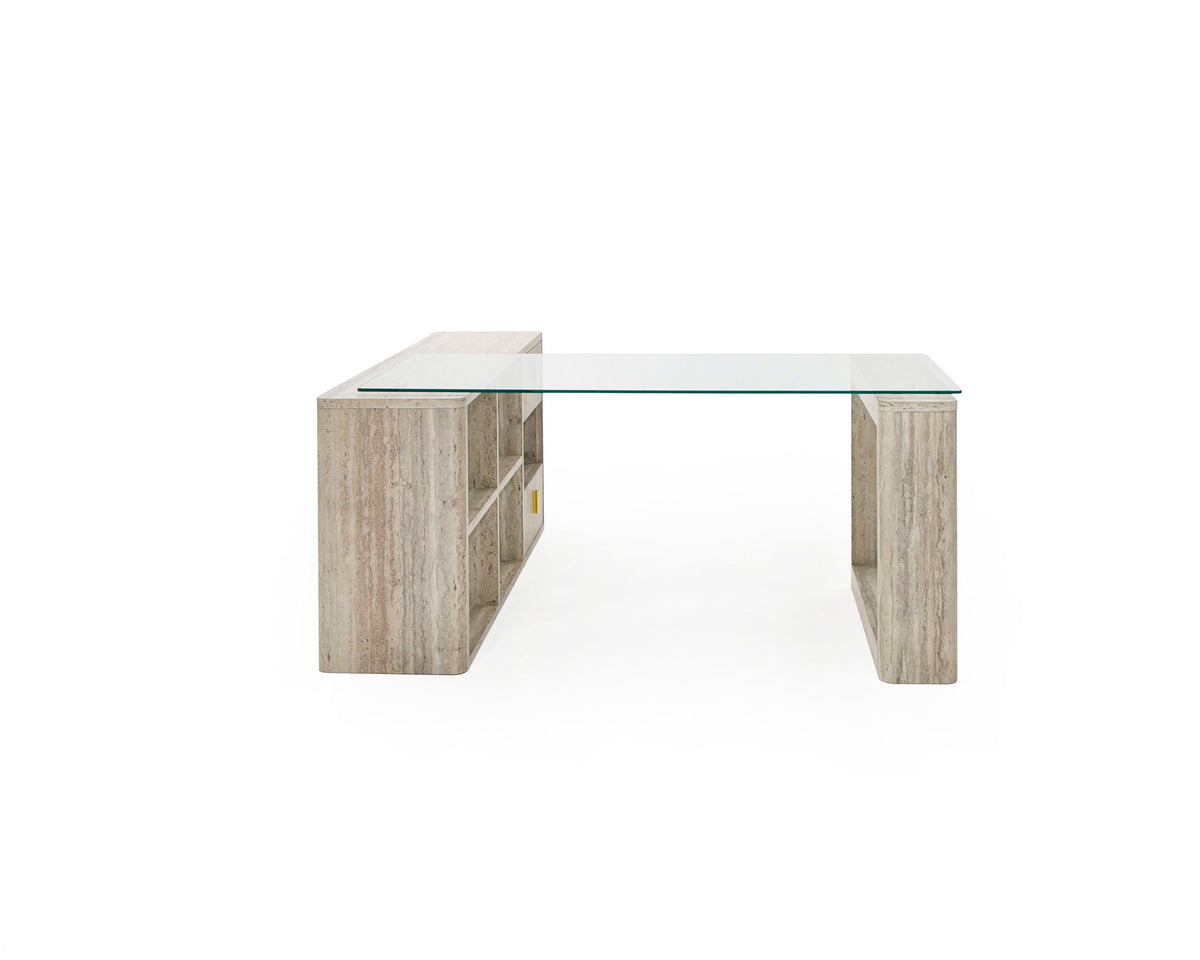 Roma Modern Glass & Faux Travertine Reversible Desk