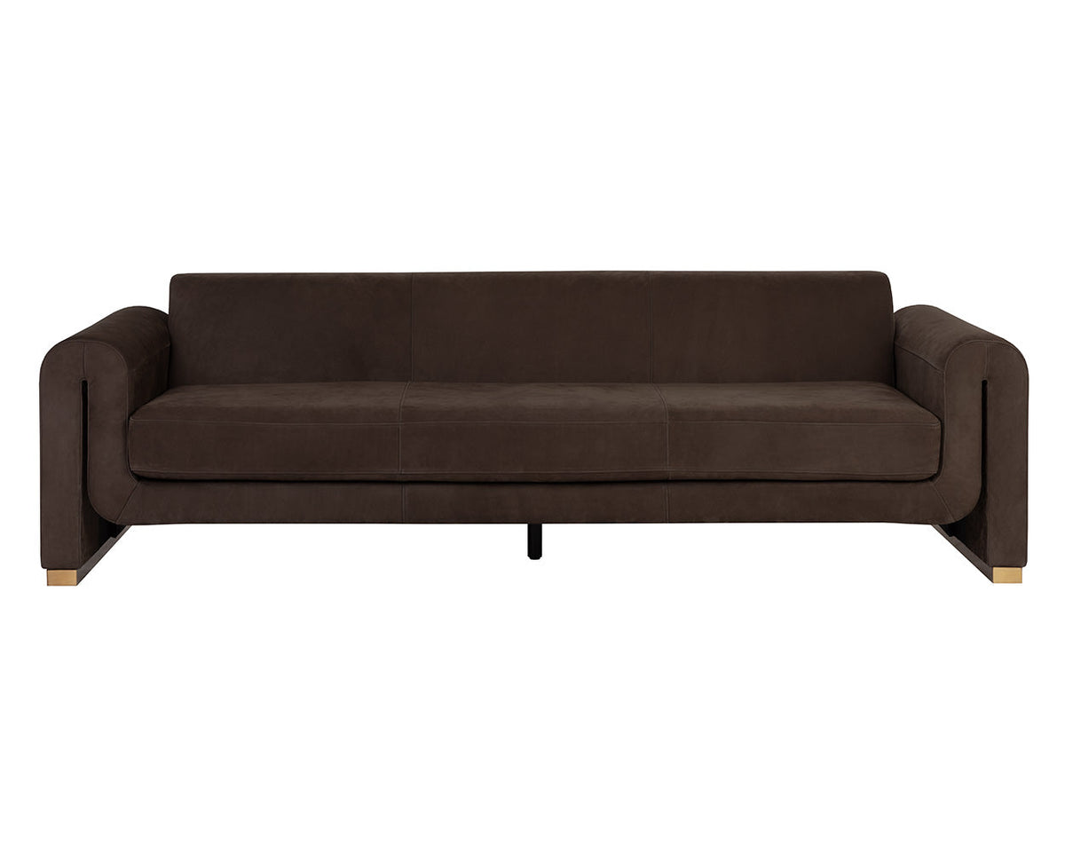 Romer 100" Cocoa Nubuck Leather Sofa with Brushed Gold Legs