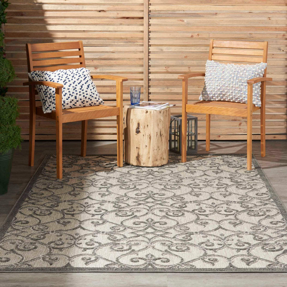 Annitra Indoor/Outdoor Grey Charcoal Vines Design Area Rug - Elegance Collection