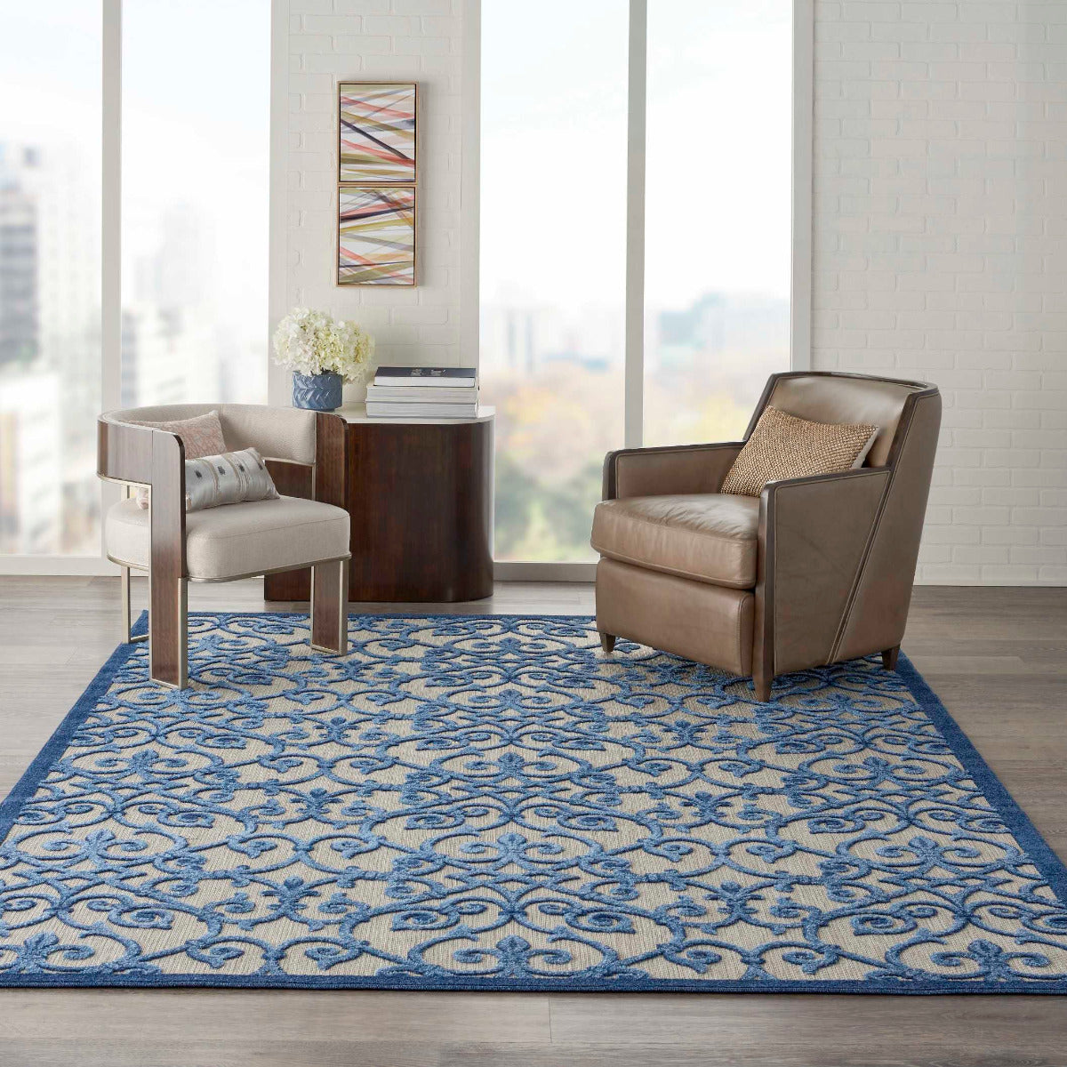 Annitra Indoor/Outdoor Grey & Blue Vine Design Area Rug - Elegance Collection