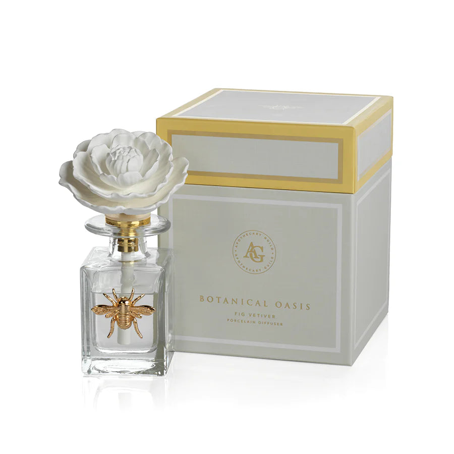 Apothecary Black Fig Vetiver Fragrance Botanical Oasis Porcelain Diffuser with Gold Bee (Set of 4)