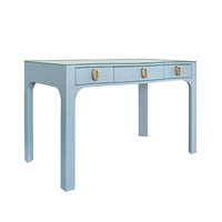 Amellia Light Blue Linen Glass Top Desk with Gold Accents