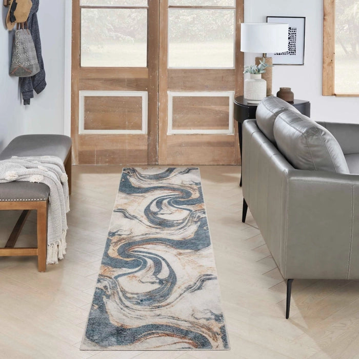 Pheobe Abstract Ivory & Blue Washable Area Rug
