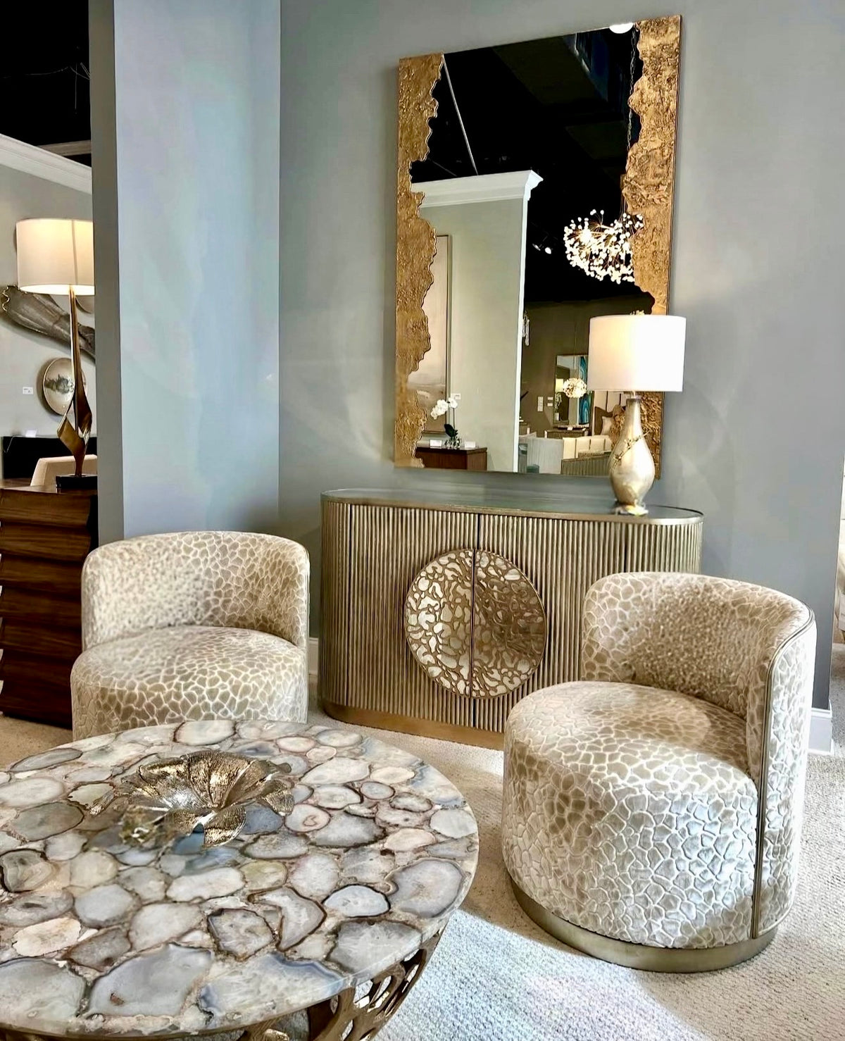 Rhumba Patterned Fabric & Burnished Silver Swivel Accent/Dining Chair