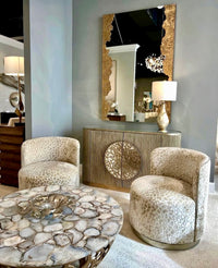 Rhumba Patterned Fabric & Burnished Silver Swivel Accent/Dining Chair