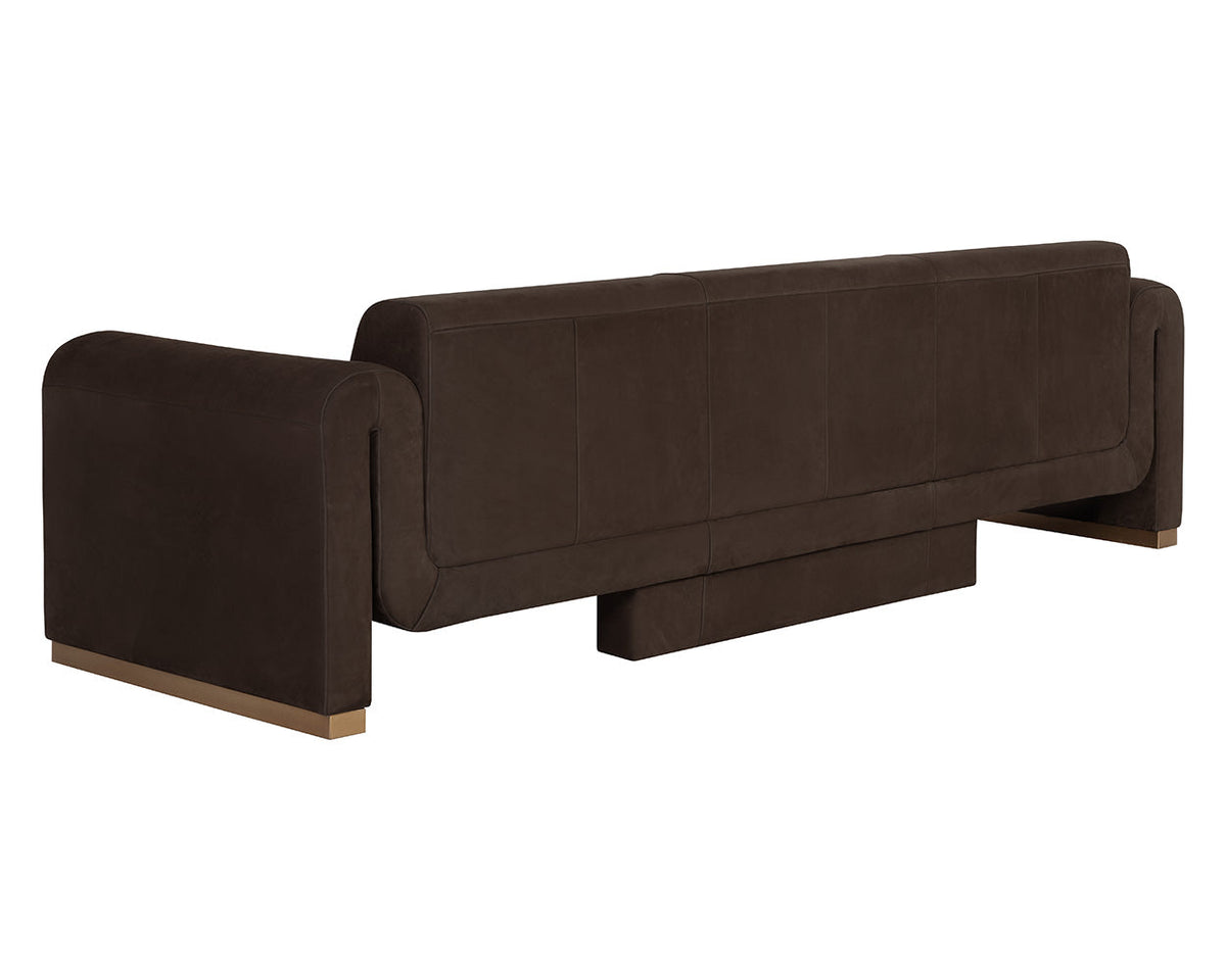 Romer 100" Cocoa Nubuck Leather Sofa with Brushed Gold Legs