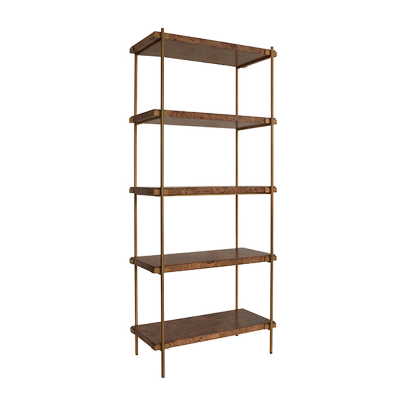 Jillian Dark Burl Wood & Brass Shelving