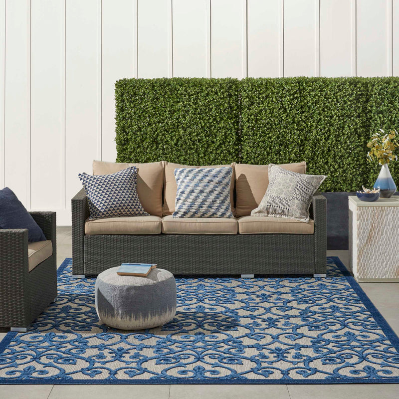 Annitra Indoor/Outdoor Grey & Blue Vine Design Area Rug - Elegance Collection