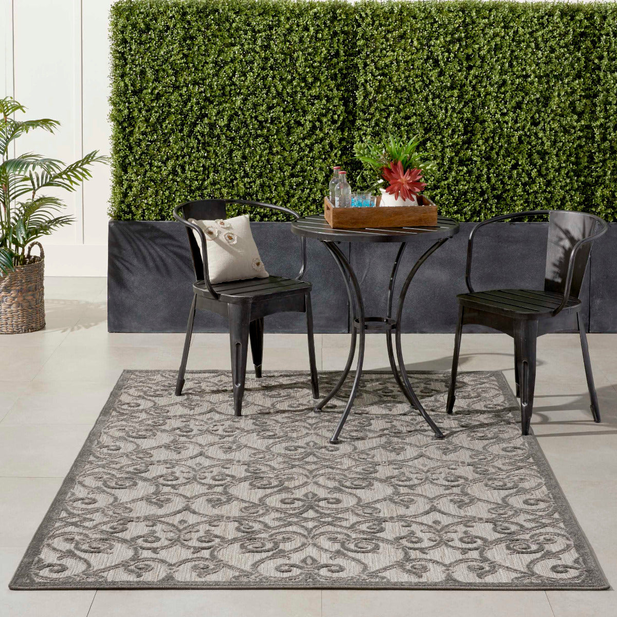 Annitra Indoor/Outdoor Grey Charcoal Vines Design Area Rug - Elegance Collection