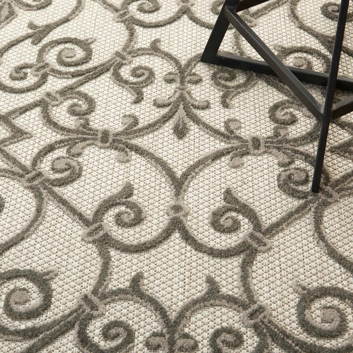 Annitra Indoor/Outdoor Grey Charcoal Vines Design Area Rug - Elegance Collection