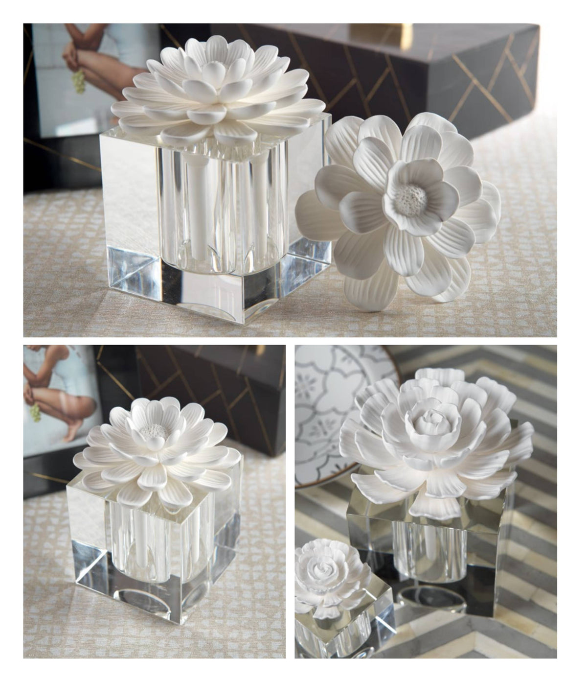 Modena Moroccan Peony Fragrance Porcelain & Crystal Diffuser (Sets of 2 & 4) - 2 Sizes Available