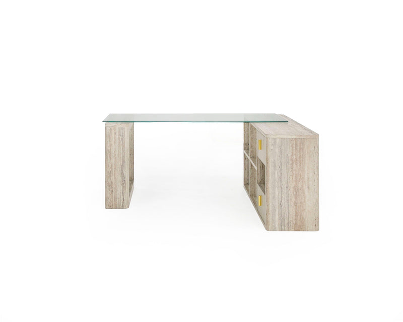 Roma Modern Glass & Faux Travertine Reversible Desk