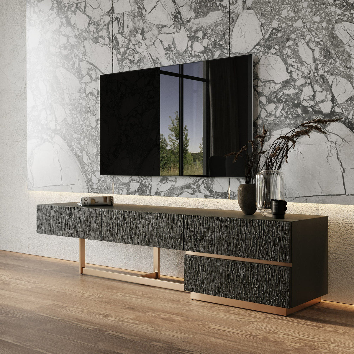 Shale Modern Black Ash + Brushed Gold TV Stand