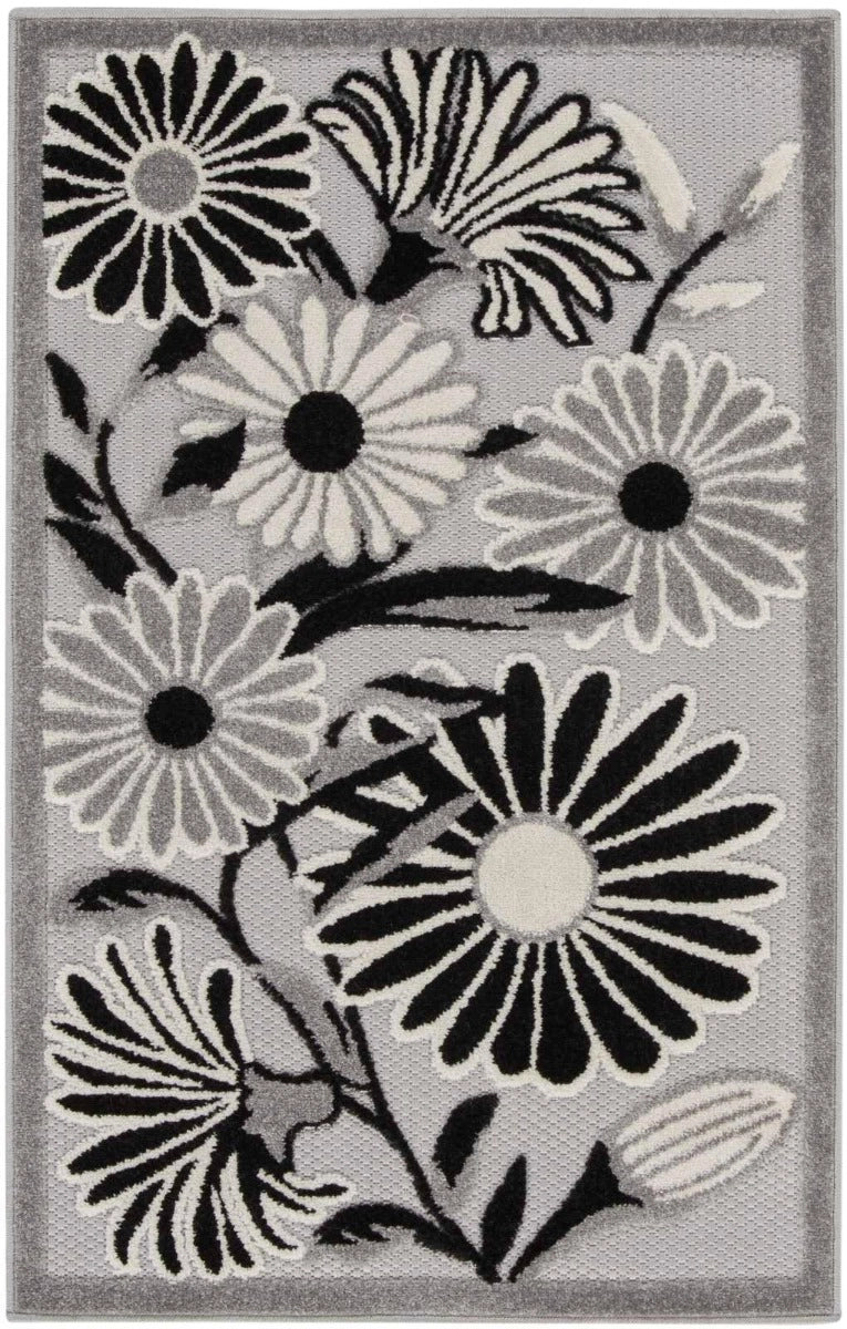 Annitra Indoor/Outdoor Black & White Flowers Area Rug - Elegance Collection