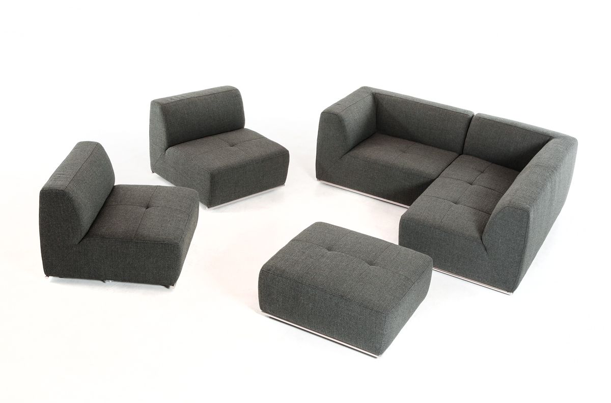 Deka Modern Grey Fabric Modular Right Facing Sectional Sofa + Ottoman