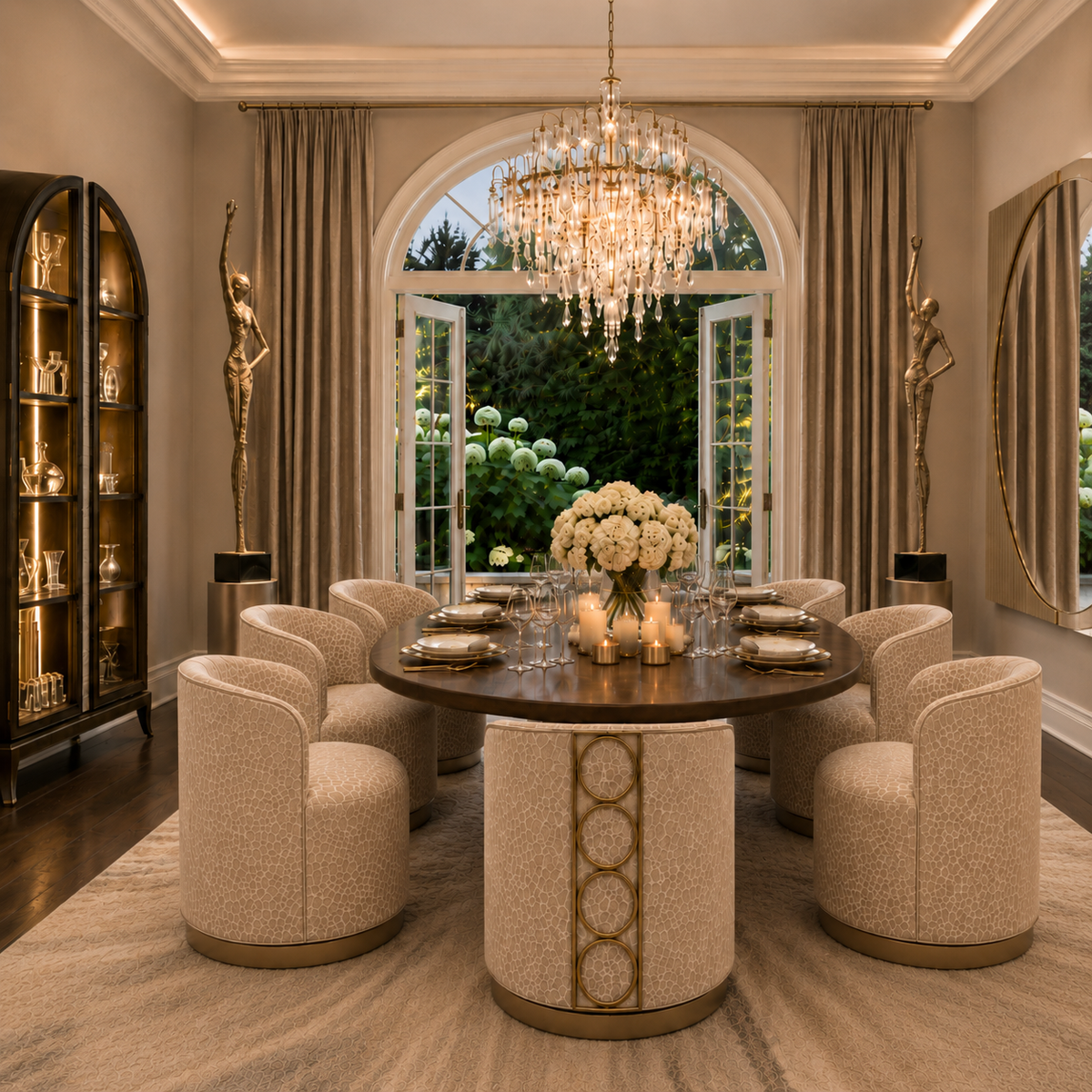Rhumba Patterned Fabric & Burnished Silver Swivel Accent/Dining Chair