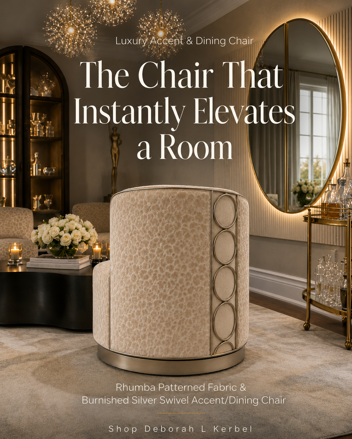 Rhumba Patterned Fabric & Burnished Silver Swivel Accent/Dining Chair