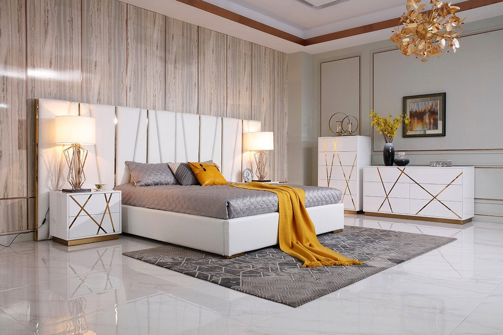 Ivo Modern White Faux Leather & Gold Bed With Nightstands