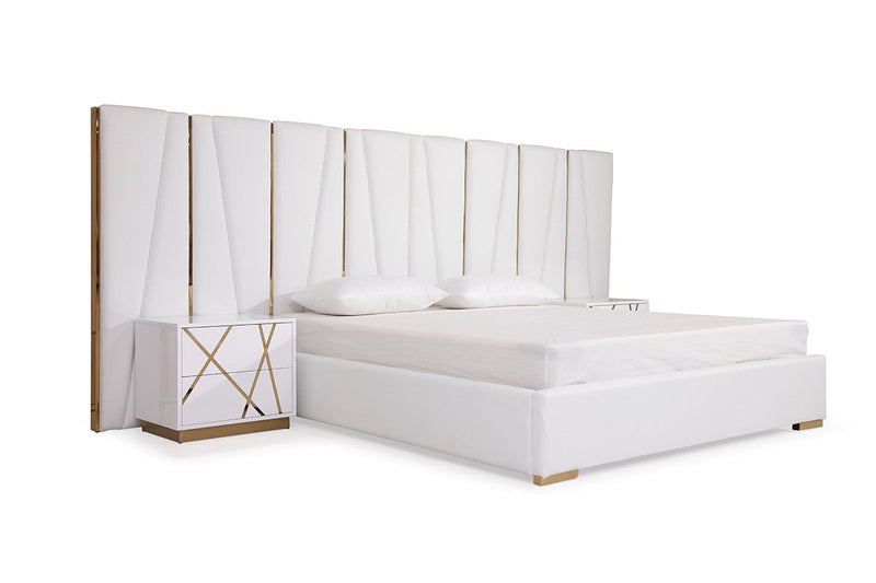 Ivo Modern White Faux Leather & Gold Bed With Nightstands