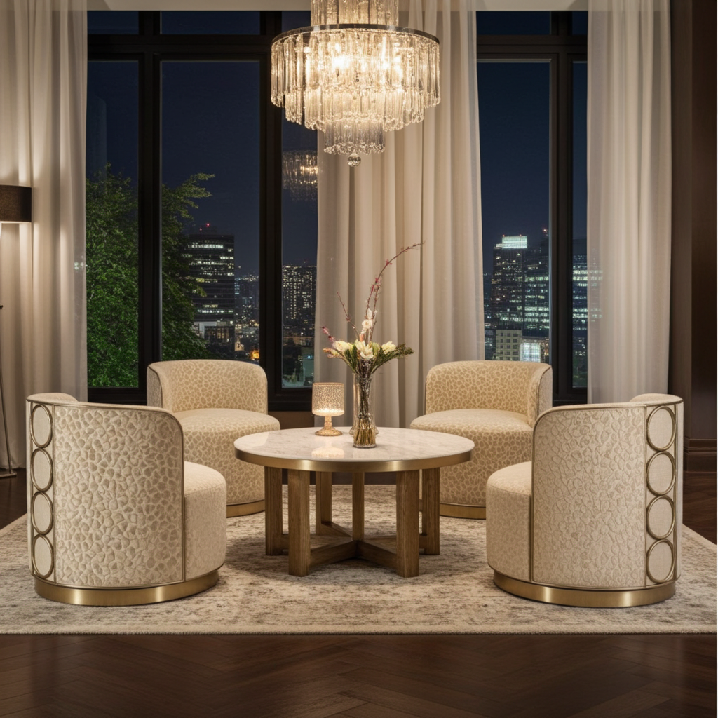 Rhumba Patterned Fabric & Burnished Silver Swivel Accent/Dining Chair