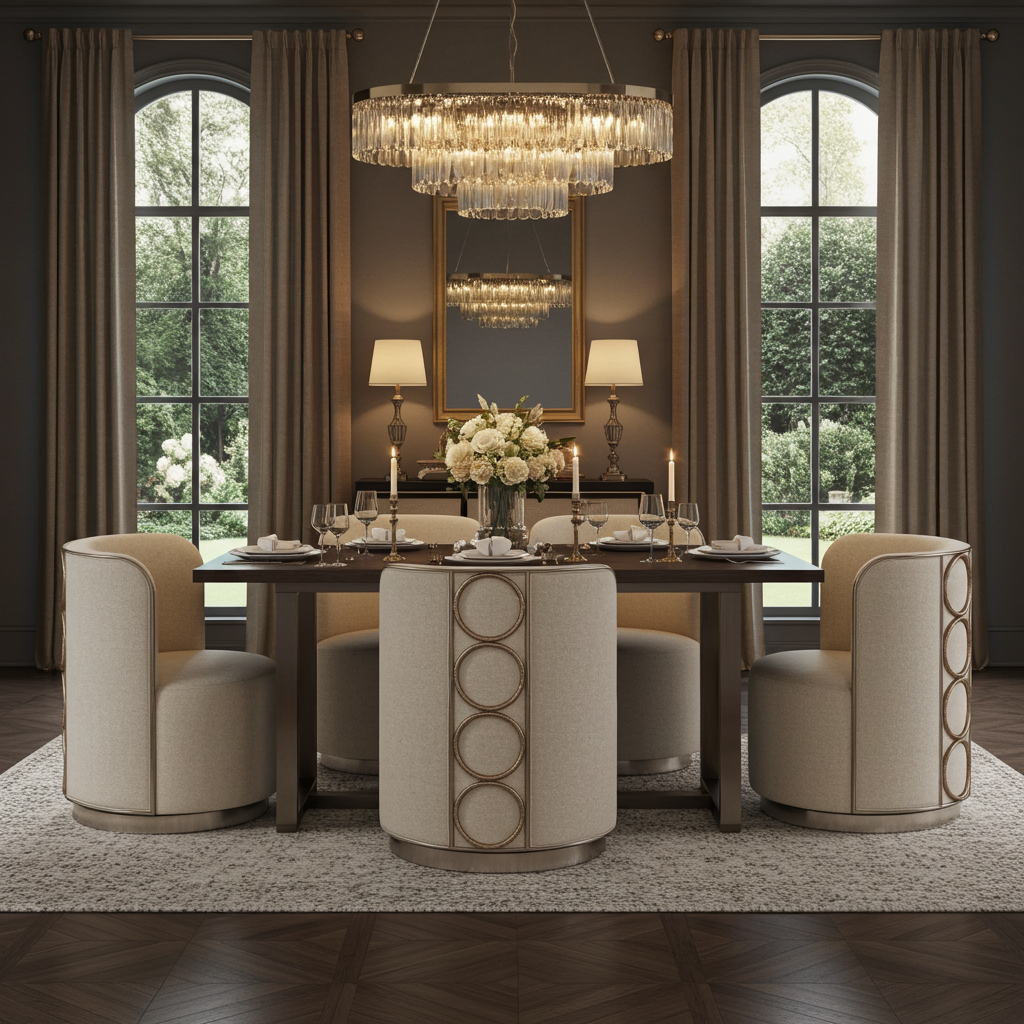 Rhumba Neutral Fabric & Burnished Silver Swivel Accent/Dining Chair