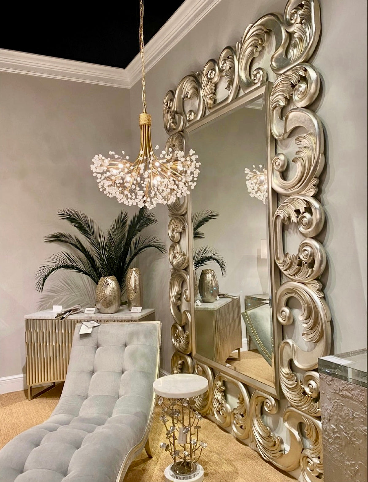 Monroe 70" Pale Grey Velvet Chaise with Burnished Silver Frame