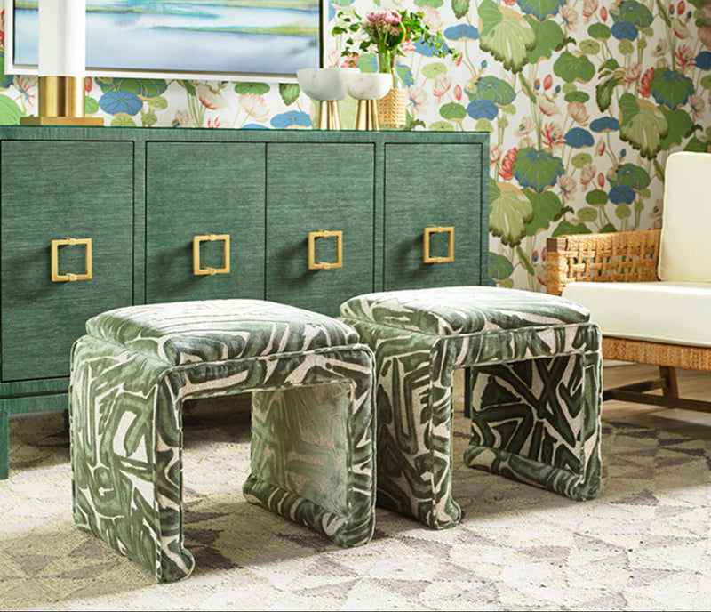 Malia Classic/Modern Patterned Green Custom Upholstered Ottoman
