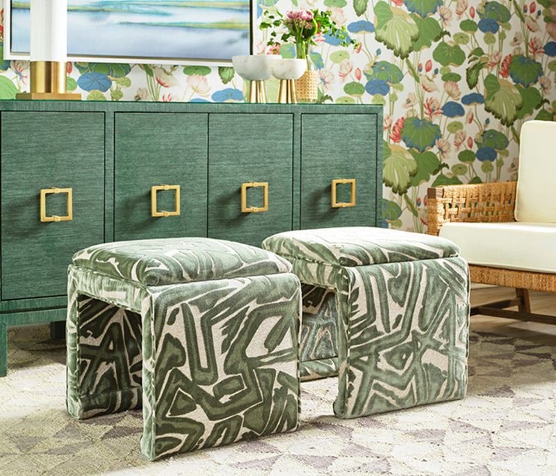 Malia Classic/Modern Patterned Green Custom Upholstered Ottoman