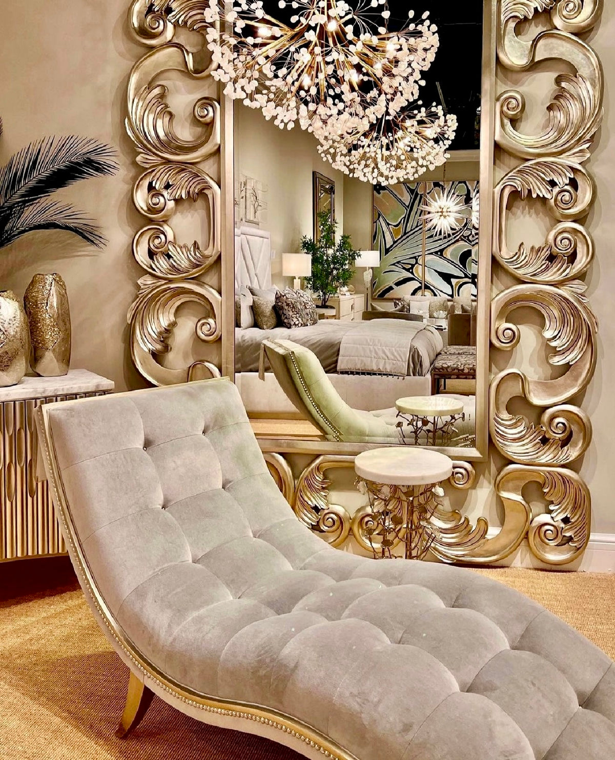 Monroe 70" Pale Grey Velvet Chaise with Burnished Silver Frame