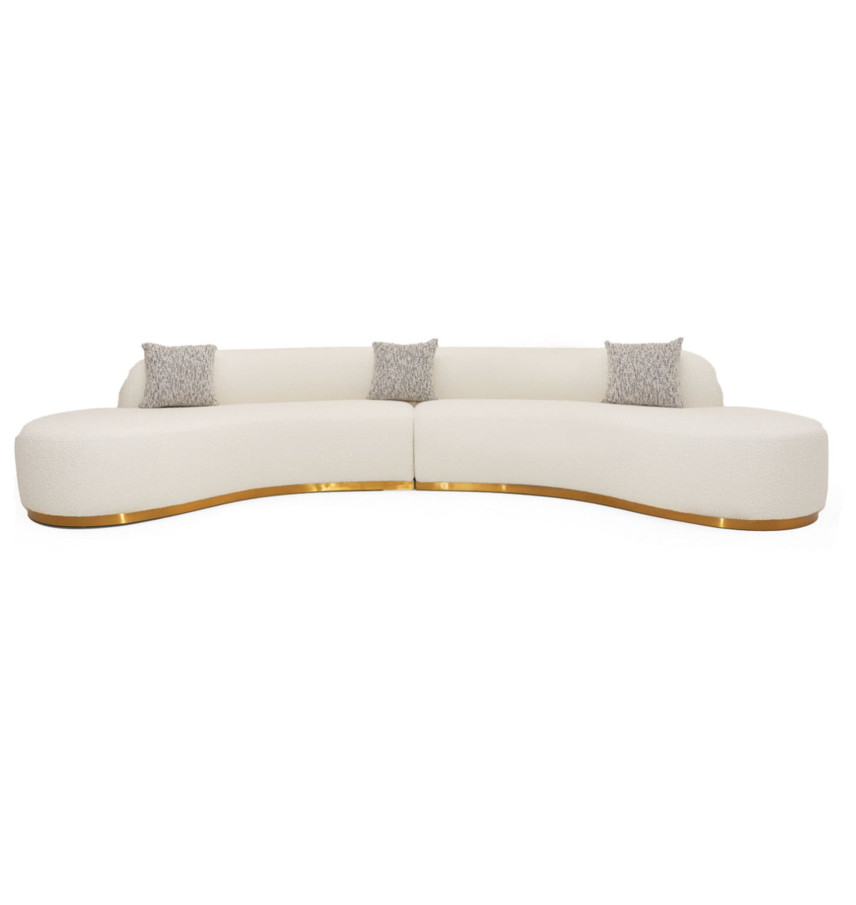 Giovanni Curved White Sectional Sofa With Beige Pillows