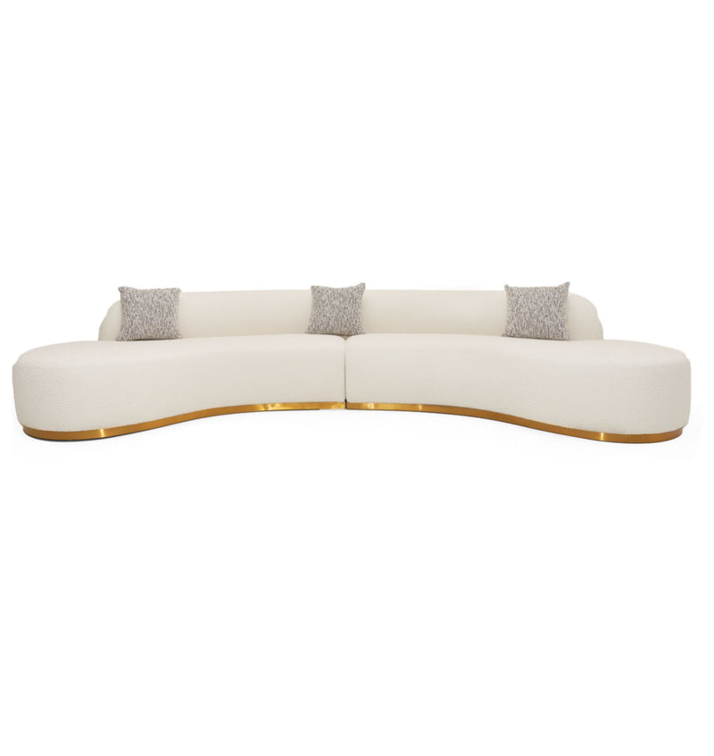 Giovanni Curved White Sectional Sofa With Beige Pillows